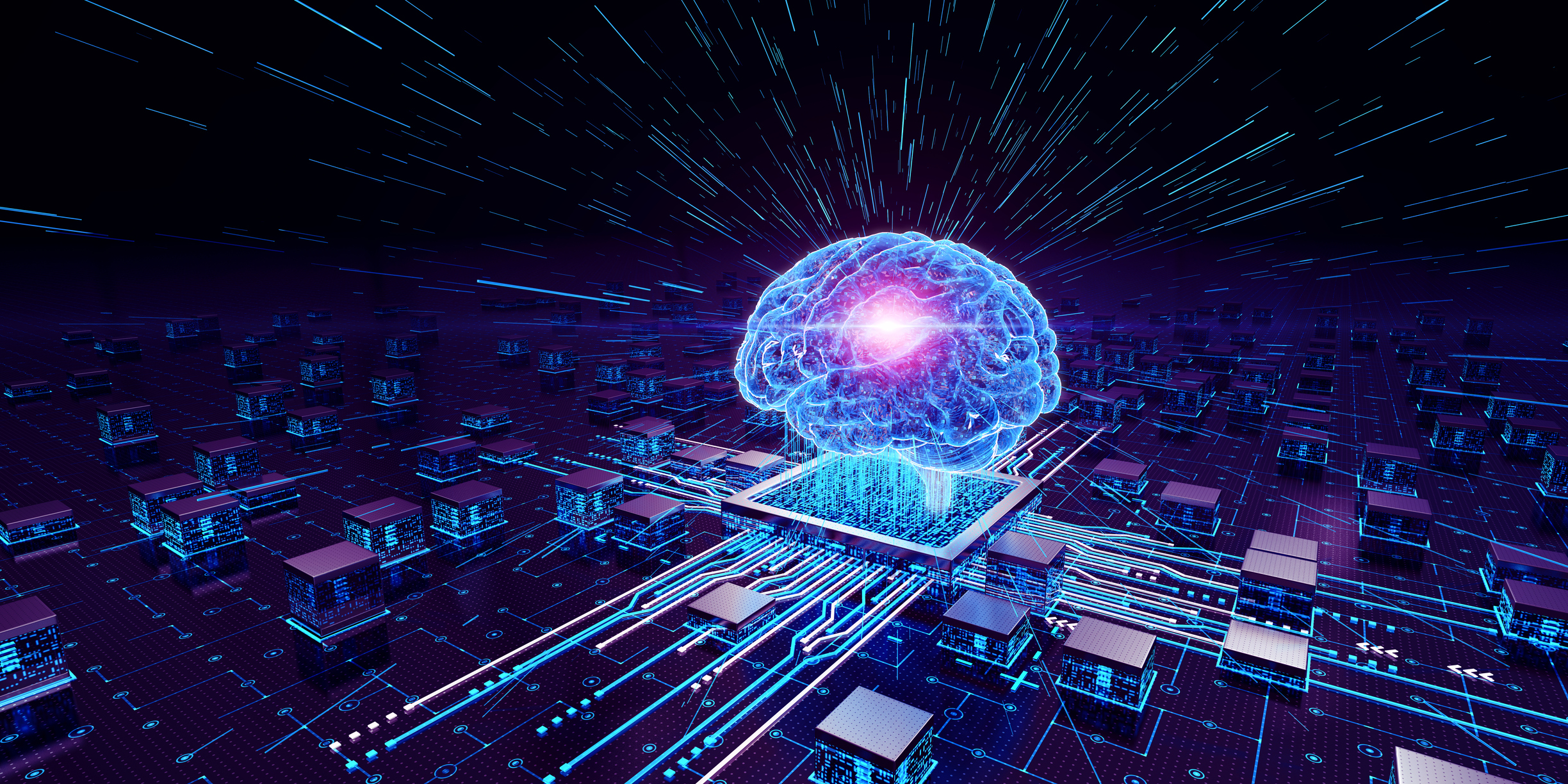 A digital AI brain icon positioned over a semiconductor exchanging information.