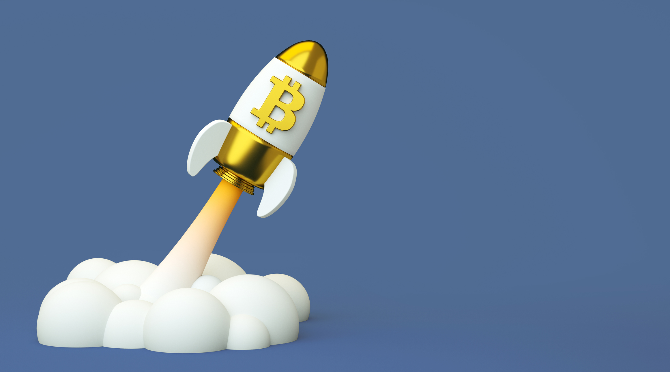 A toy rocket with the Bitcoin logo blasts off.