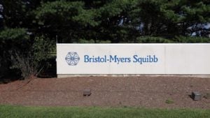 A Bristol-Myers Squibb (BMY) sign outside a company facility in New Brunswick, New Jersey.