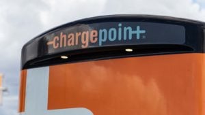 A close-up of an orange ChargePoint (CHPT) station.