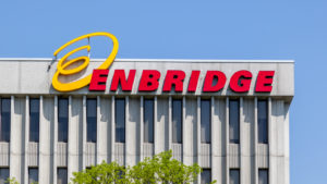 Enbridge (ENB) sign on the head Enbridge office in Toronto, Canada.