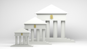 3d render illustration of bank symbols of various size. Earnings reports soon.