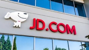 JD.com (JD) logo displayed at the entrance to the company's Silicon Valley office.