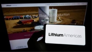 smartphone with logo of Canadian company Lithium Americas Corp on screen. EV stocks