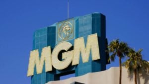 A photo of the MGM logo on the MGM casino building.