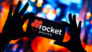 In this photo illustration, the Rocket Pharmaceuticals (RCKT) logo is displayed on a smartphone screen