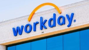 Workday Layoffs. A close-up view of a Workday (WDAY Stock) sign in Pleasanton, California.