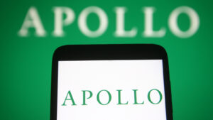 Apollo Global Management (APO) logo displayed on a smartphone in white and green with deep green block color background with logo behind phone as well
