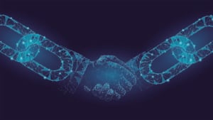 Image of two glowing blue chains shaking hands. representing sto platforms