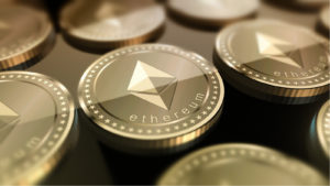 The ethereum logo on coins
