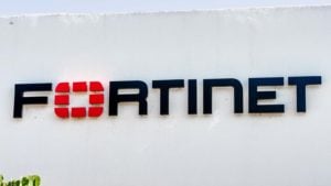 The Fortinet logo on a wall