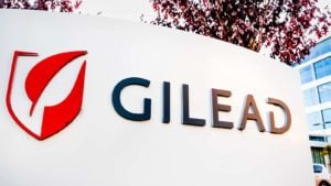A Gilead Sciences (GILD) sign at the company headquarters in Silicon Valley, California.