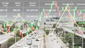 Picture of a highway system with business statistics on top of it. Infrastructure stocks.
