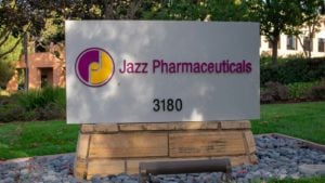 Image of the Jazz Pharmaceuticals logo on a sign