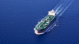 Aerial front side view of oil tanker ship sailing on open sea, Imperial Petroleum (IMPP) operates oil tankers