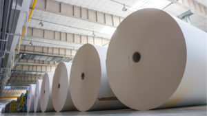 A photo of several large rolls of paper in a warehouse.. RFP stock makes paper products.