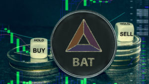 Basic Attention Token (BAT-USD) concept coin in front of a stack of cryptos and two dice that say "buy" and "sell"