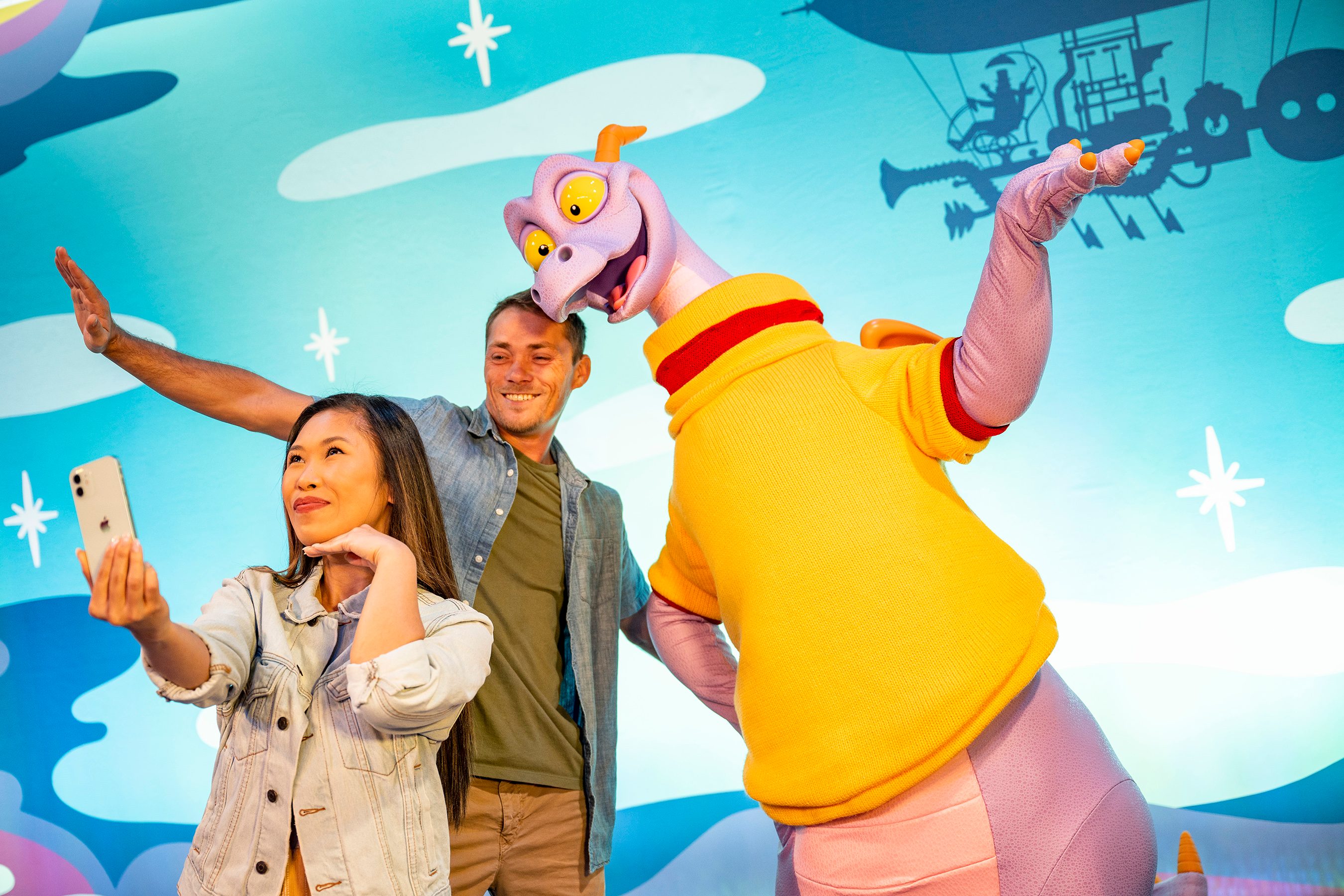 Figment meeting guests at Disney World's Epcot.