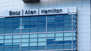 Booz Allen Hamilton (BAH) logo on a corporate building