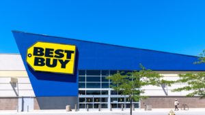 Image of Best Buy logo on storefront during daytime. retail stocks