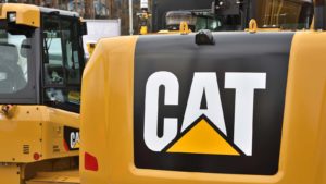 The back of a Caterpillar (CAT) work vehicle displaying company logo