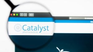 A magnifying glass zooms in on the website of Catalyst Pharmaceuticals (CPRX).