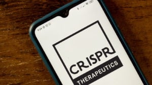 the CRISPR Therapeutics (CRSP) logo seen displayed on a smartphone