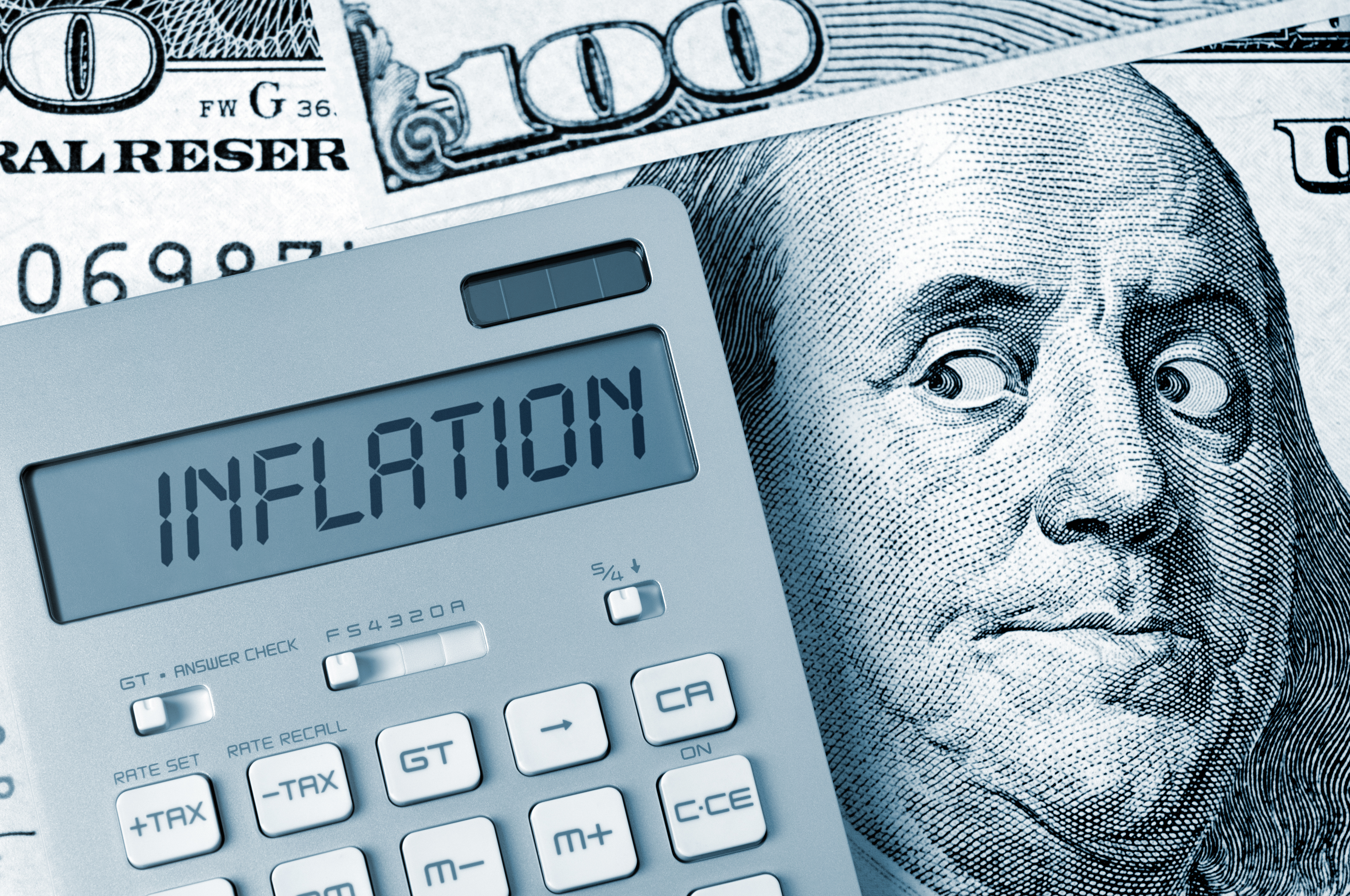 The word "inflation" spelled out on a calculator.