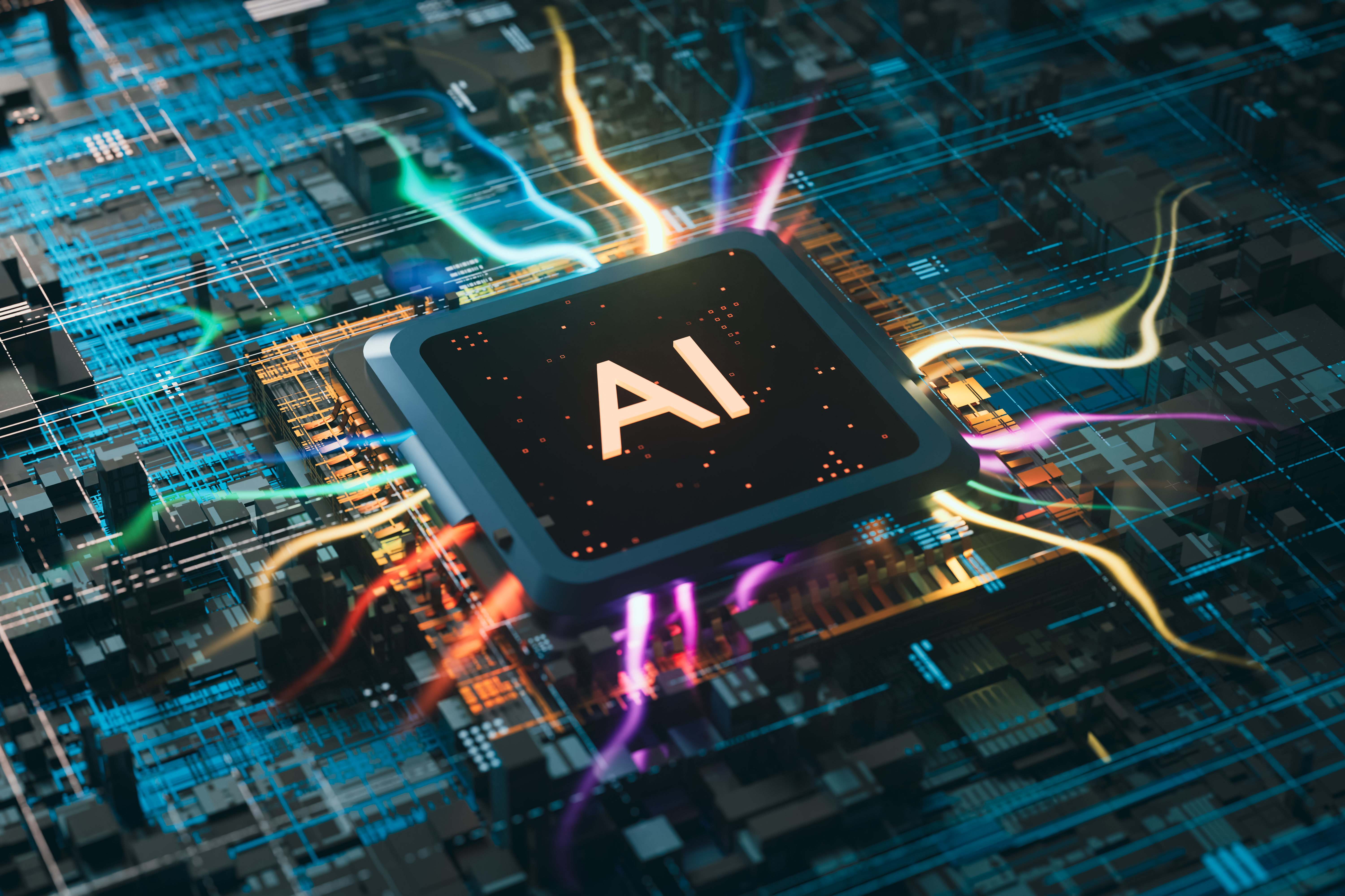 A semiconductor chip labeled "AI" with a rainbow of colors expanding across a backdrop.