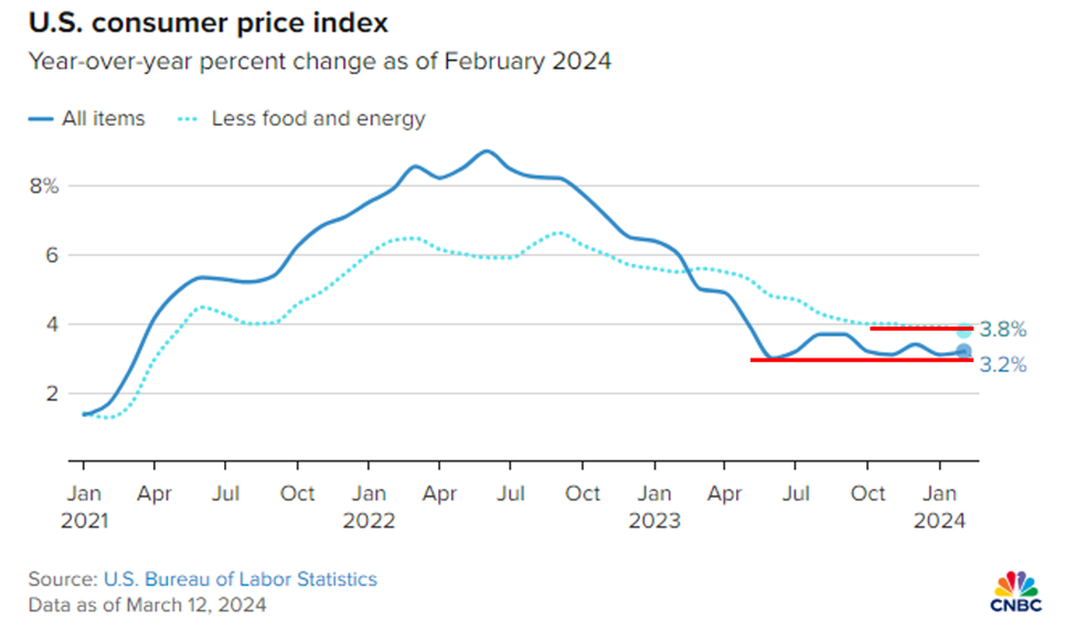 A chart showing the fluctuation in the U.S. consumer price index between January 2021 and January 2024.