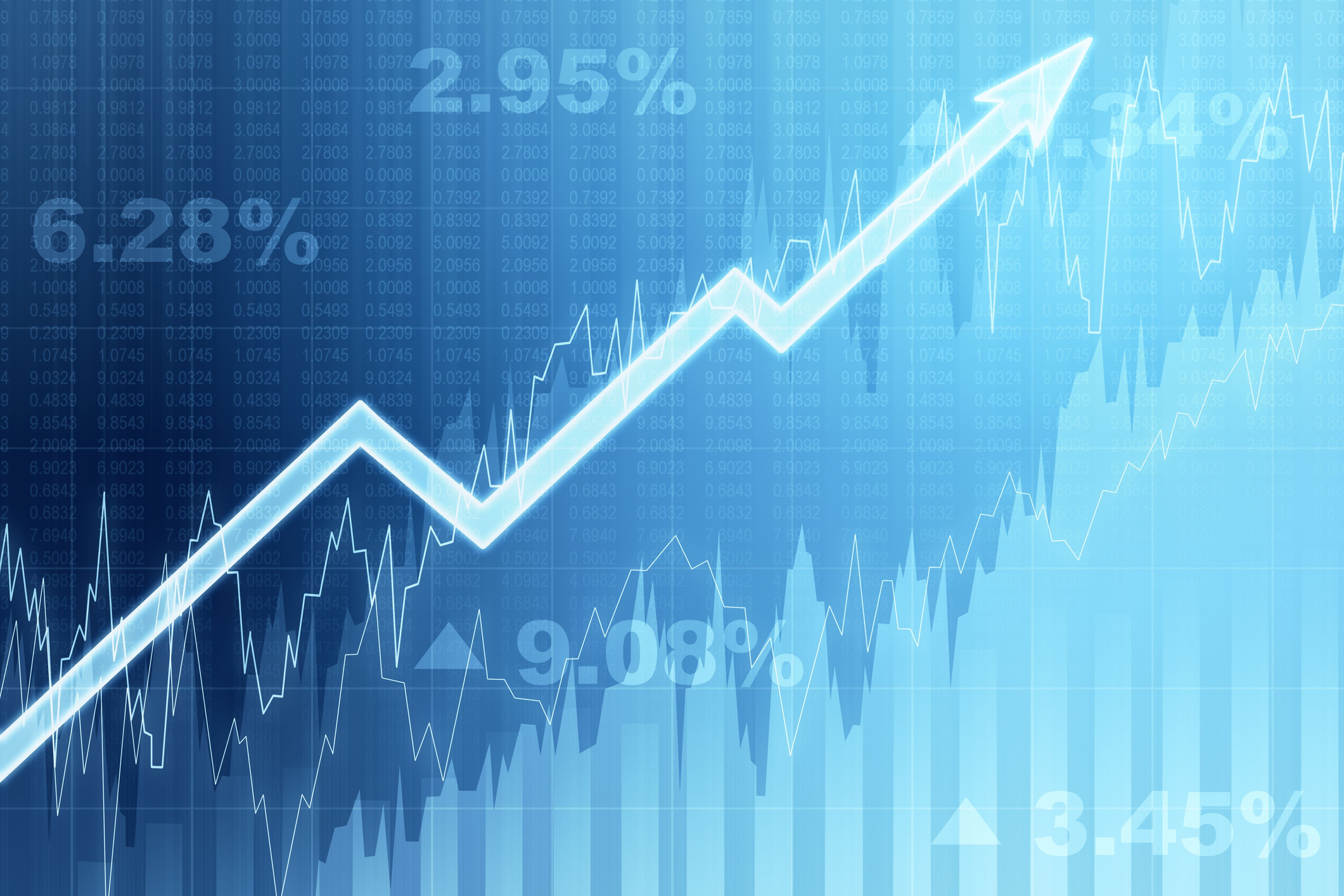 A stock chart showing an arrow going up.