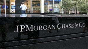 JPMorgan Chase (JPM) lettering on a corporate office in New York City.
