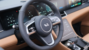 The steering wheel and dashboard inside Li Auto electric car. Interior of Li Auto EV. Li Auto Also known as Li Xiang, is a Chinese electric vehicle company