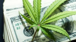 marijuana stocks image of marijuana leaf on top of several one-hundred dollar bills, ACB stock