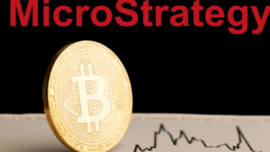 Bitcoin BTC representation coin with MicroStrategy (MSTR) text in background. Russell 2000 Stocks