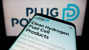 Mobile phone with webpage of American hydrogen fuel cell company Plug Power Inc (PLUG) on screen in front of logo Focus on top-left of phone display. hydrogen stocks