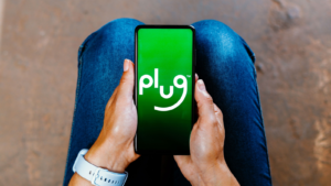 In this photo illustration, the Plug Power logo is displayed on a smartphone screen