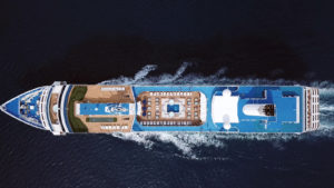 Royal Caribbean (RCL) ship at sea from an overhead view