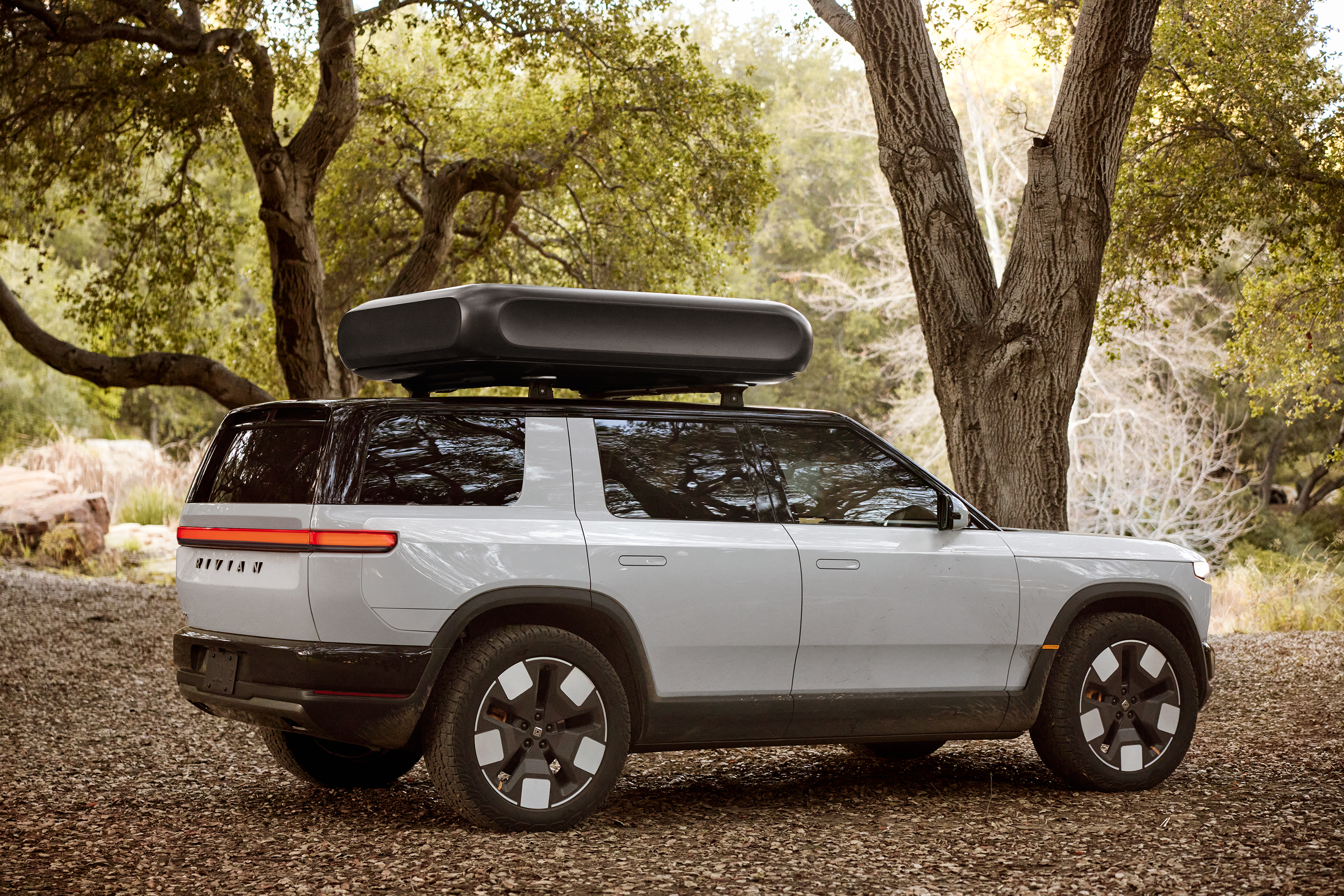 A Rivian R2, a midsize two-row electric SUV, shown in a forest. 