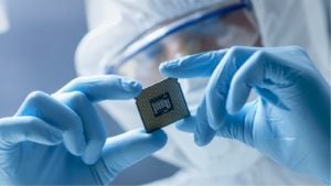 In Ultra Modern Electronic Manufacturing Factory Design Engineer in Sterile Coverall Holds Microchip with Gloves and Examines it. Semiconductor stocks to sell. Rate Cut Stocks