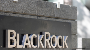 Closeup of the BlackRock (BLK) sign seen at the entrance to the American global investment management corporation BlackRock, Inc.'s office in San Francisco, California.