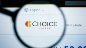 A magnifying glass zooms in on the Choice Hotels (CHH) website.