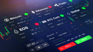 Futuristic stock exchange (cryptocurrency) with chart, numbers and BUY and SELL options (3D illustration). Under-the-Radar Cryptos