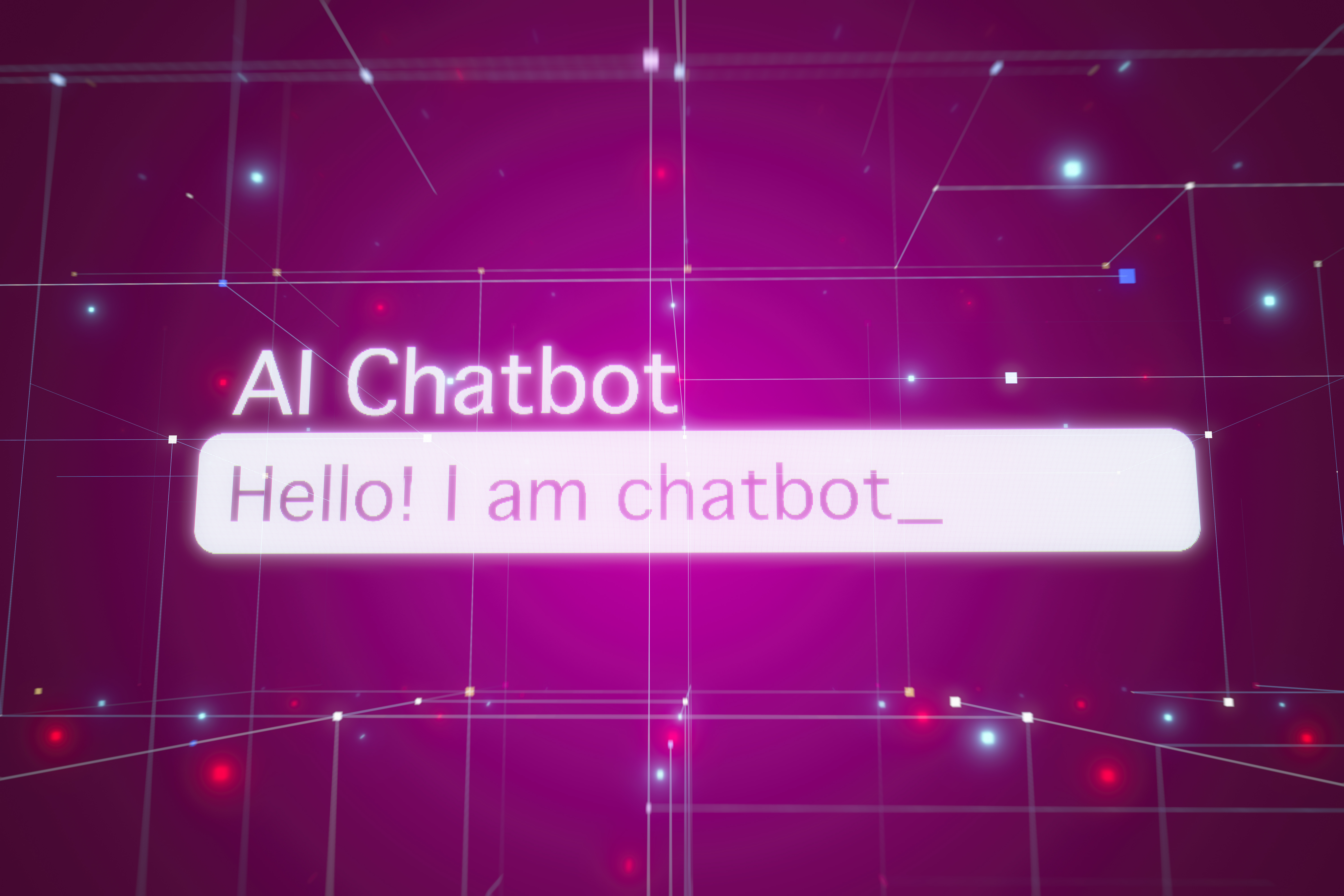 The words AI Chatbot. Hello! I am chatbot appear on a purple screen.