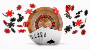 a royal flush beneath a roulette board with dice and poker chips falling around