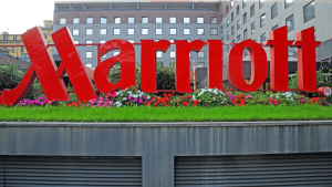 Marriott logo in Milan, Italy. MAR stock.