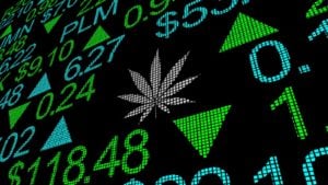 a marijuana leaf displayed among other numbers related to stock performance