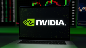 Nvidia (NVDA) logo on a laptop screen trading stock market. Magnificent 7 Stocks
