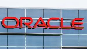 The Oracle (ORCL) sign hangs on an Oracle office in Deerfield, Illinois.