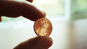 Image of a penny held between two fingers with a white indoor background. Dividend-Paying Penny Stocks